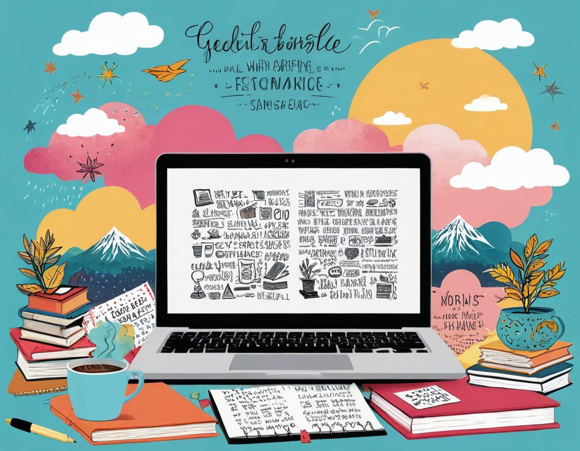 A whimsical digital collage featuring an open laptop surrounded by colorful sticky notes filled with inspirational quotes and doodles. In the background, a dreamy landscape of clouds and books symbolizes creativity and exploration. Include fun imagery like a coffee cup, a globe, and a fountain pen to evoke a writer's workspace. The overall color scheme should be bright and inviting, encouraging exploration and creativity. vibrant colors. vector art.