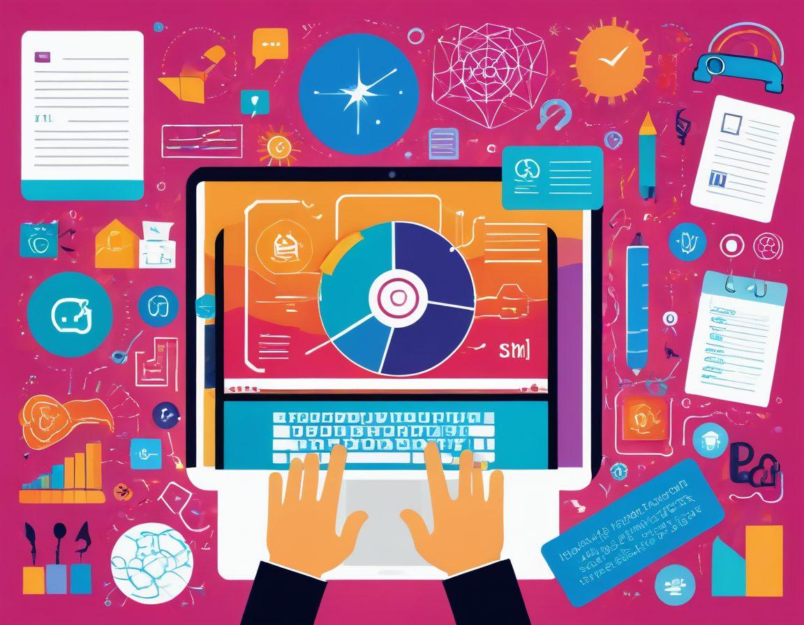 A vibrant, illustrative representation of a digital diary interface, filled with dynamic icons symbolizing trends like blogging, social media, and analytics. Include a hand interacting with a touchscreen, showcasing a colorful collection of resources and tools like graphs, notebooks, and tags swirling around it. The background should be abstract yet inviting, hinting at online connectivity and creativity. Bright, engaging colors to capture attention. digital art. vibrant colors.