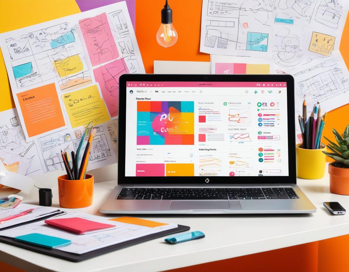 A dynamic collage showcasing a laptop displaying an engaging blog interface, surrounded by colorful design sketches, promotional tools like social media icons, and charts indicating growth in engagement. Incorporate elements illustrating the journey from design to promotion, such as lightbulbs for ideas and gears for management. The scene should convey creativity and productivity in a modern workspace. vibrant colors. modern flat design.